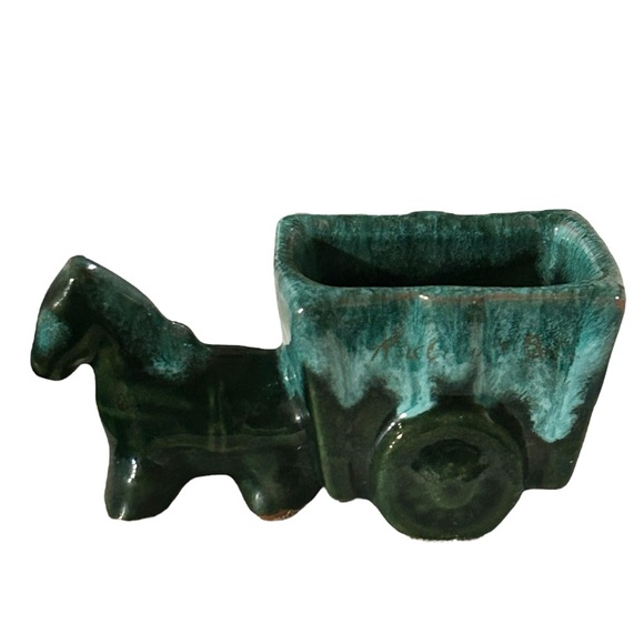 Vintage Blue Studio Pottery Horse & Wagon miniature planter or Toothpick Holder - Picture 2 of 7